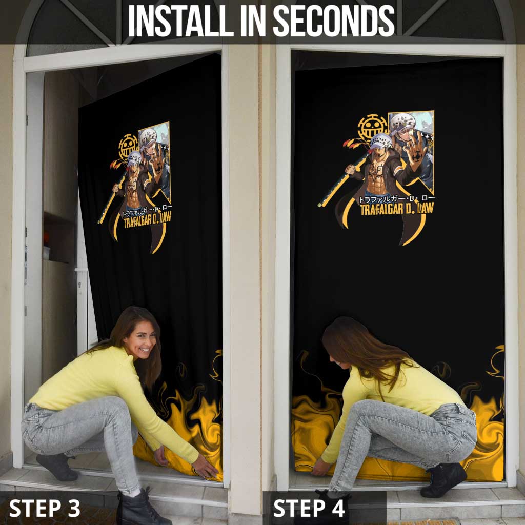 Trafalgar D. Law One Piece Black and Yellow Theme Door Cover with Heart Pirates Symbol and Flame Pattern Design - The Mazicc