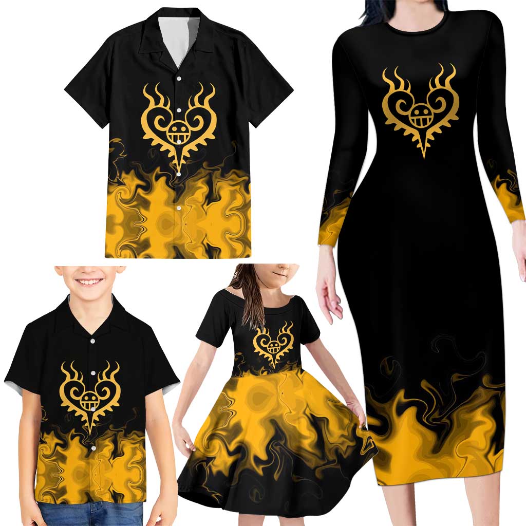 Trafalgar D. Law One Piece Black and Yellow Theme Family Matching Long Sleeve Bodycon Dress and Hawaiian Shirt with Heart Pirates Symbol and Flame Pattern Design