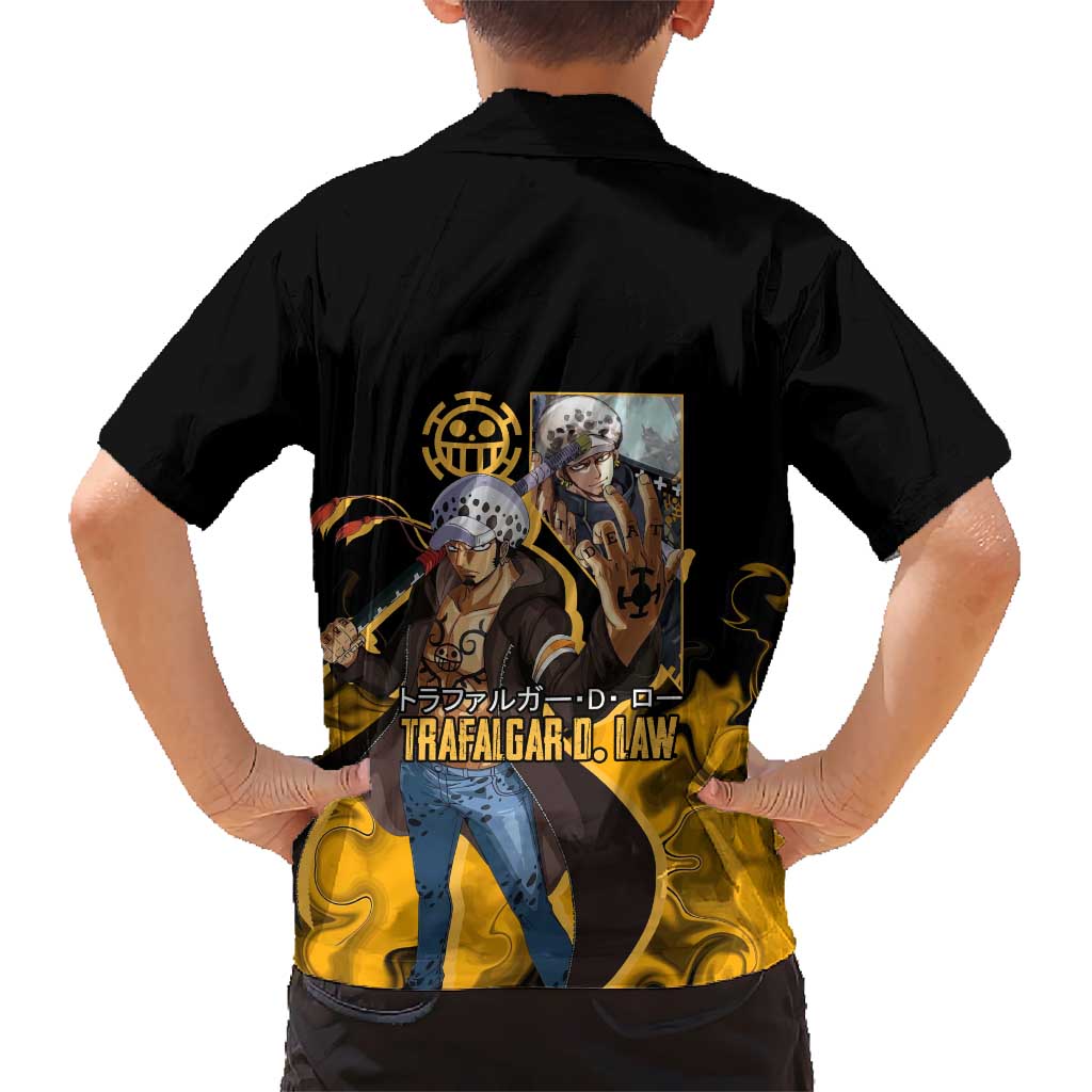 Trafalgar D. Law One Piece Black and Yellow Theme Family Matching Long Sleeve Bodycon Dress and Hawaiian Shirt with Heart Pirates Symbol and Flame Pattern Design