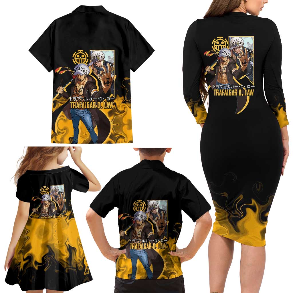Trafalgar D. Law One Piece Black and Yellow Theme Family Matching Long Sleeve Bodycon Dress and Hawaiian Shirt with Heart Pirates Symbol and Flame Pattern Design