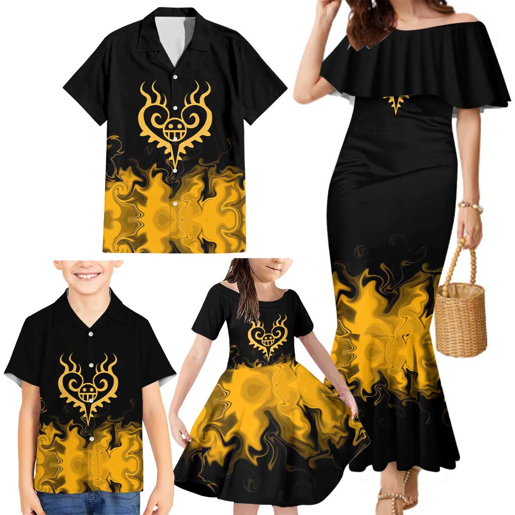 Trafalgar D. Law One Piece Black and Yellow Theme Family Matching Mermaid Dress and Hawaiian Shirt with Heart Pirates Symbol and Flame Pattern Design