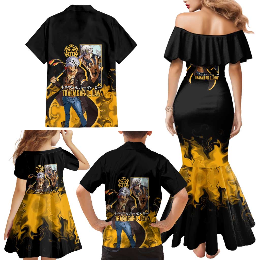 Trafalgar D. Law One Piece Black and Yellow Theme Family Matching Mermaid Dress and Hawaiian Shirt with Heart Pirates Symbol and Flame Pattern Design