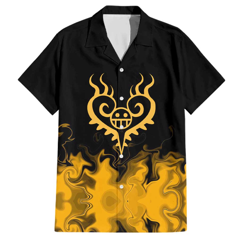 Trafalgar D. Law One Piece Black and Yellow Theme Family Matching Mermaid Dress and Hawaiian Shirt with Heart Pirates Symbol and Flame Pattern Design