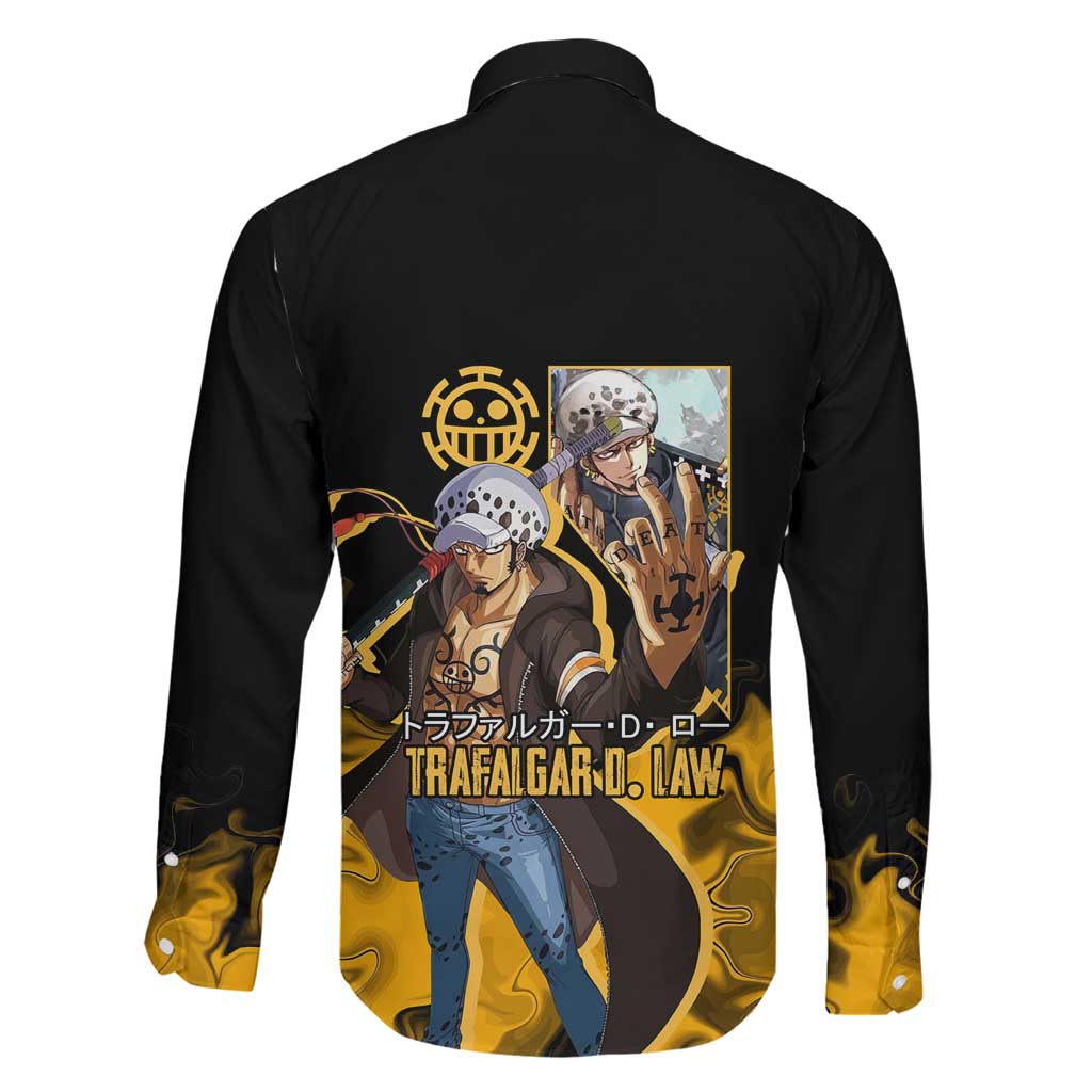 Trafalgar D. Law One Piece Black and Yellow Theme Family Matching Mermaid Dress and Hawaiian Shirt with Heart Pirates Symbol and Flame Pattern Design