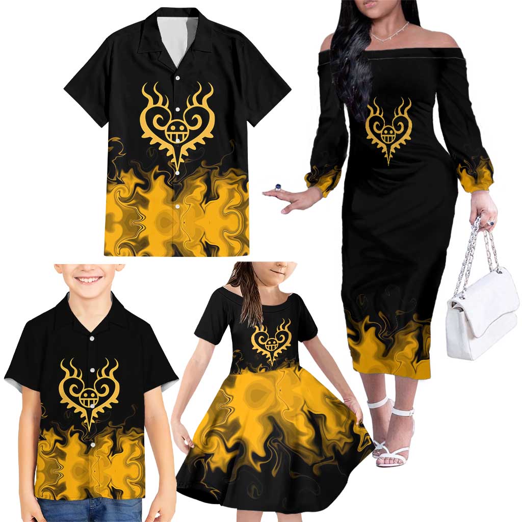 Trafalgar D. Law One Piece Black and Yellow Theme Family Matching Off The Shoulder Long Sleeve Dress and Hawaiian Shirt with Heart Pirates Symbol and Flame Pattern Design