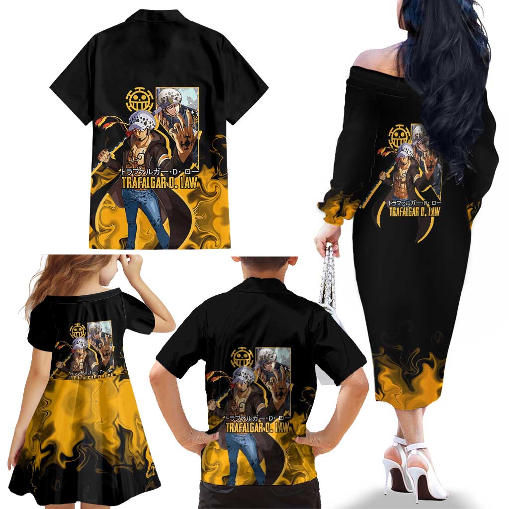 Trafalgar D. Law One Piece Black and Yellow Theme Family Matching Off The Shoulder Long Sleeve Dress and Hawaiian Shirt with Heart Pirates Symbol and Flame Pattern Design
