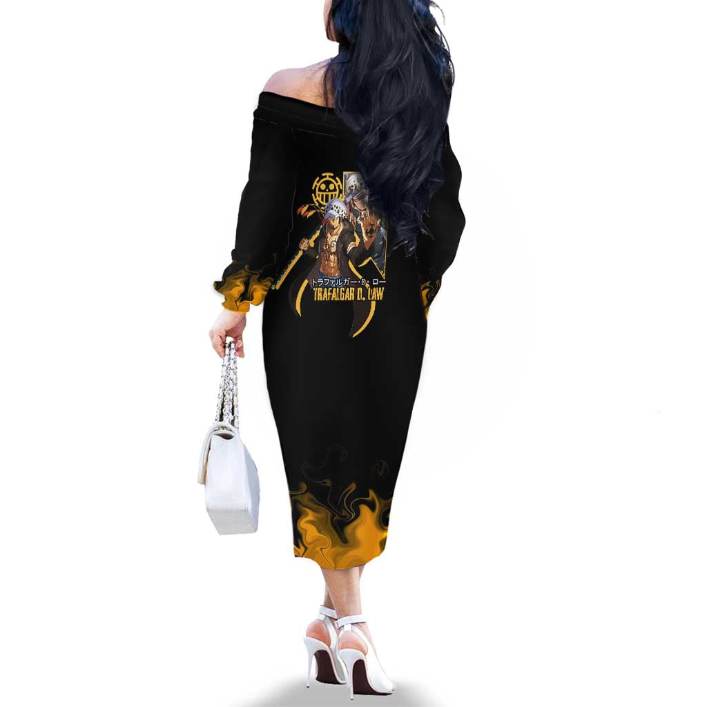 Trafalgar D. Law One Piece Black and Yellow Theme Family Matching Off The Shoulder Long Sleeve Dress and Hawaiian Shirt with Heart Pirates Symbol and Flame Pattern Design