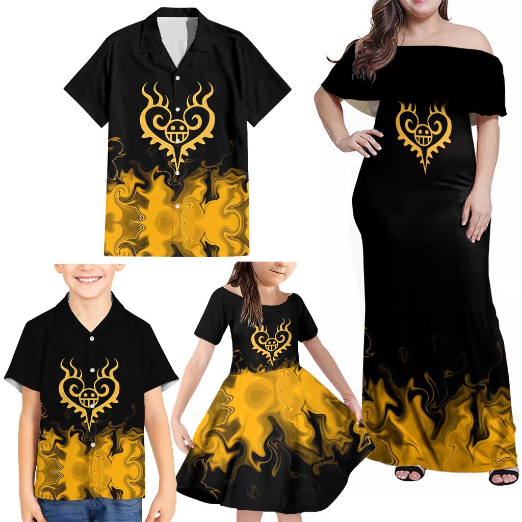 Trafalgar D. Law One Piece Black and Yellow Theme Family Matching Off Shoulder Maxi Dress and Hawaiian Shirt with Heart Pirates Symbol and Flame Pattern Design