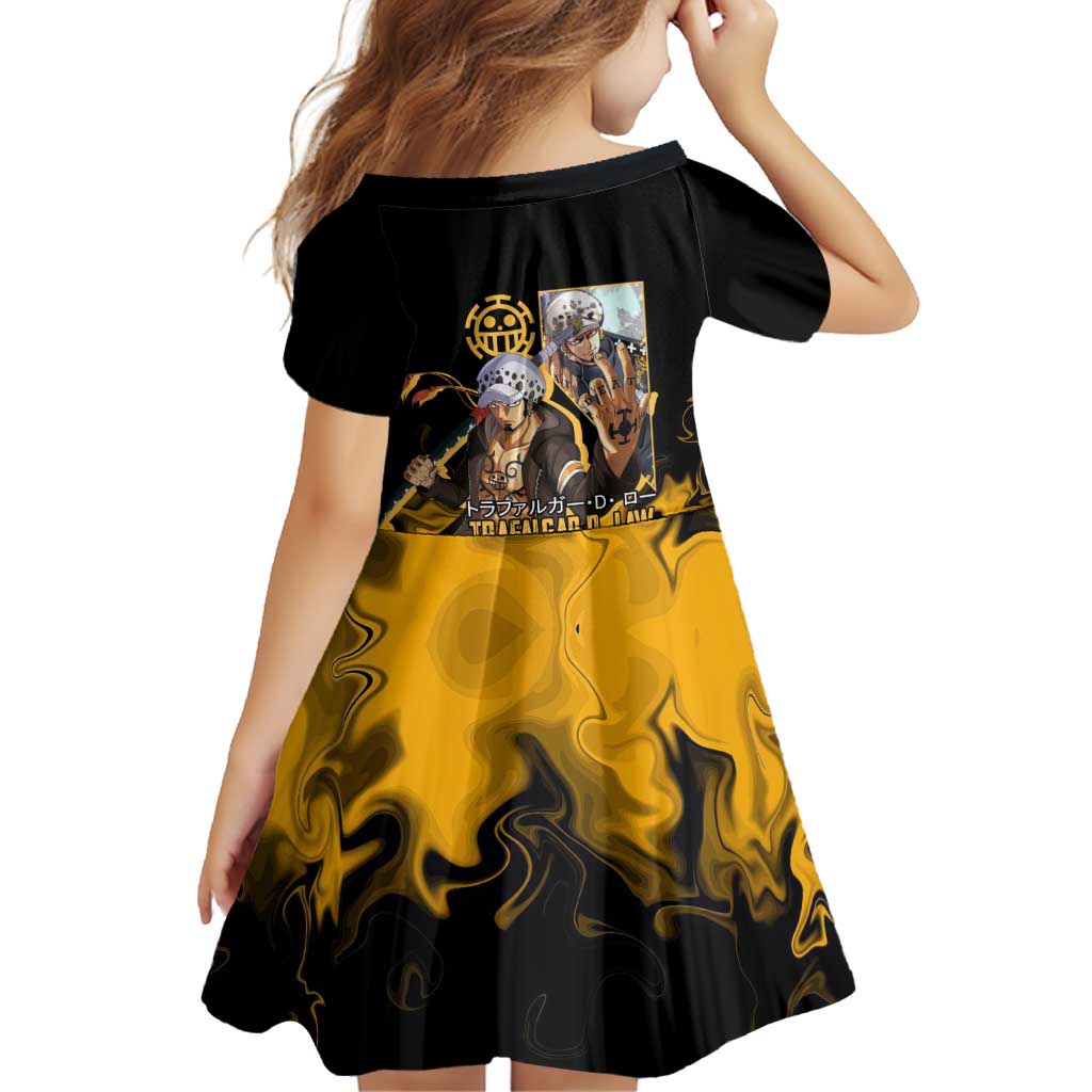 Trafalgar D. Law One Piece Black and Yellow Theme Family Matching Off Shoulder Maxi Dress and Hawaiian Shirt with Heart Pirates Symbol and Flame Pattern Design
