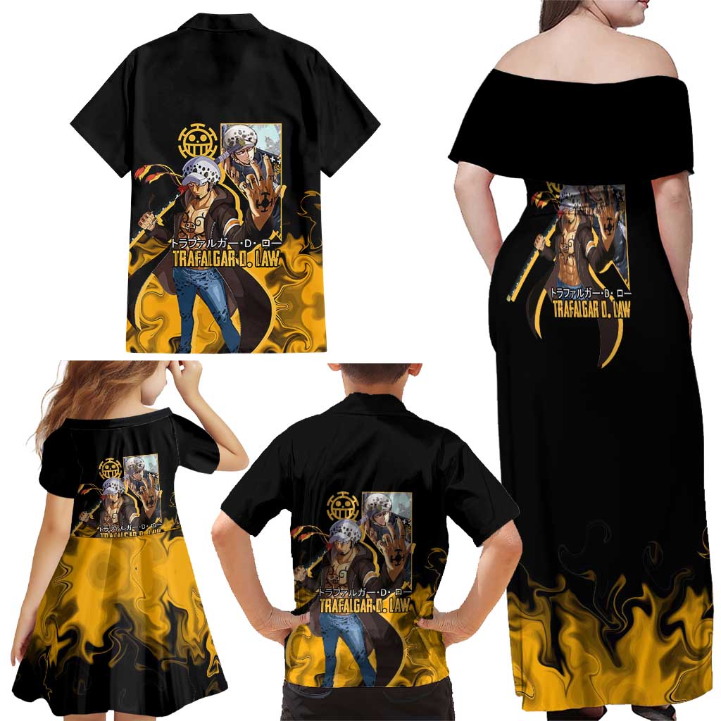 Trafalgar D. Law One Piece Black and Yellow Theme Family Matching Off Shoulder Maxi Dress and Hawaiian Shirt with Heart Pirates Symbol and Flame Pattern Design