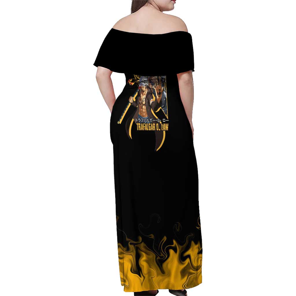 Trafalgar D. Law One Piece Black and Yellow Theme Family Matching Off Shoulder Maxi Dress and Hawaiian Shirt with Heart Pirates Symbol and Flame Pattern Design
