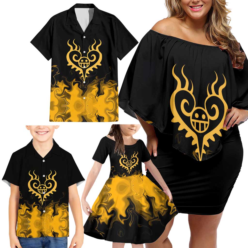 Trafalgar D. Law One Piece Black and Yellow Theme Family Matching Off Shoulder Short Dress and Hawaiian Shirt with Heart Pirates Symbol and Flame Pattern Design
