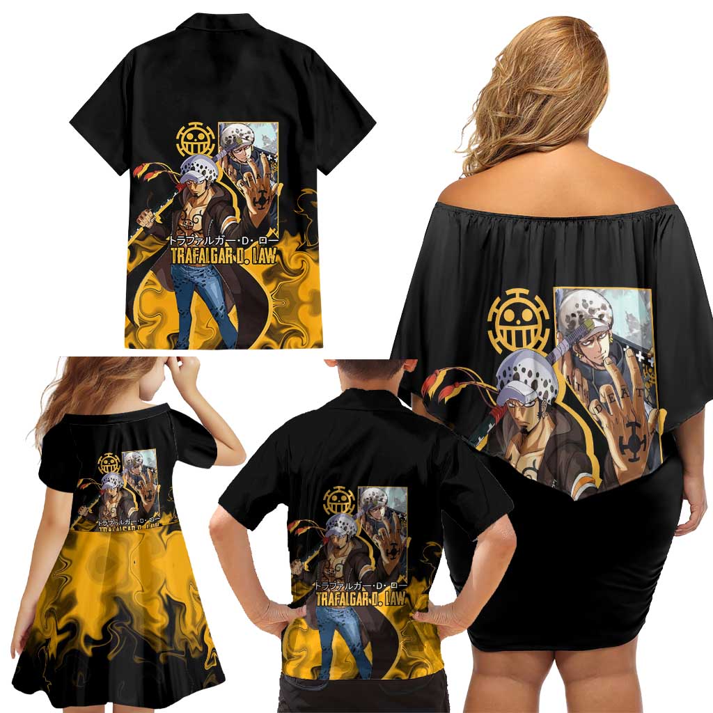 Trafalgar D. Law One Piece Black and Yellow Theme Family Matching Off Shoulder Short Dress and Hawaiian Shirt with Heart Pirates Symbol and Flame Pattern Design