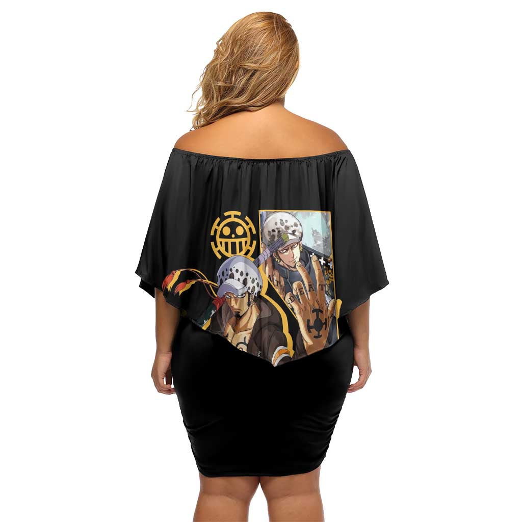 Trafalgar D. Law One Piece Black and Yellow Theme Family Matching Off Shoulder Short Dress and Hawaiian Shirt with Heart Pirates Symbol and Flame Pattern Design