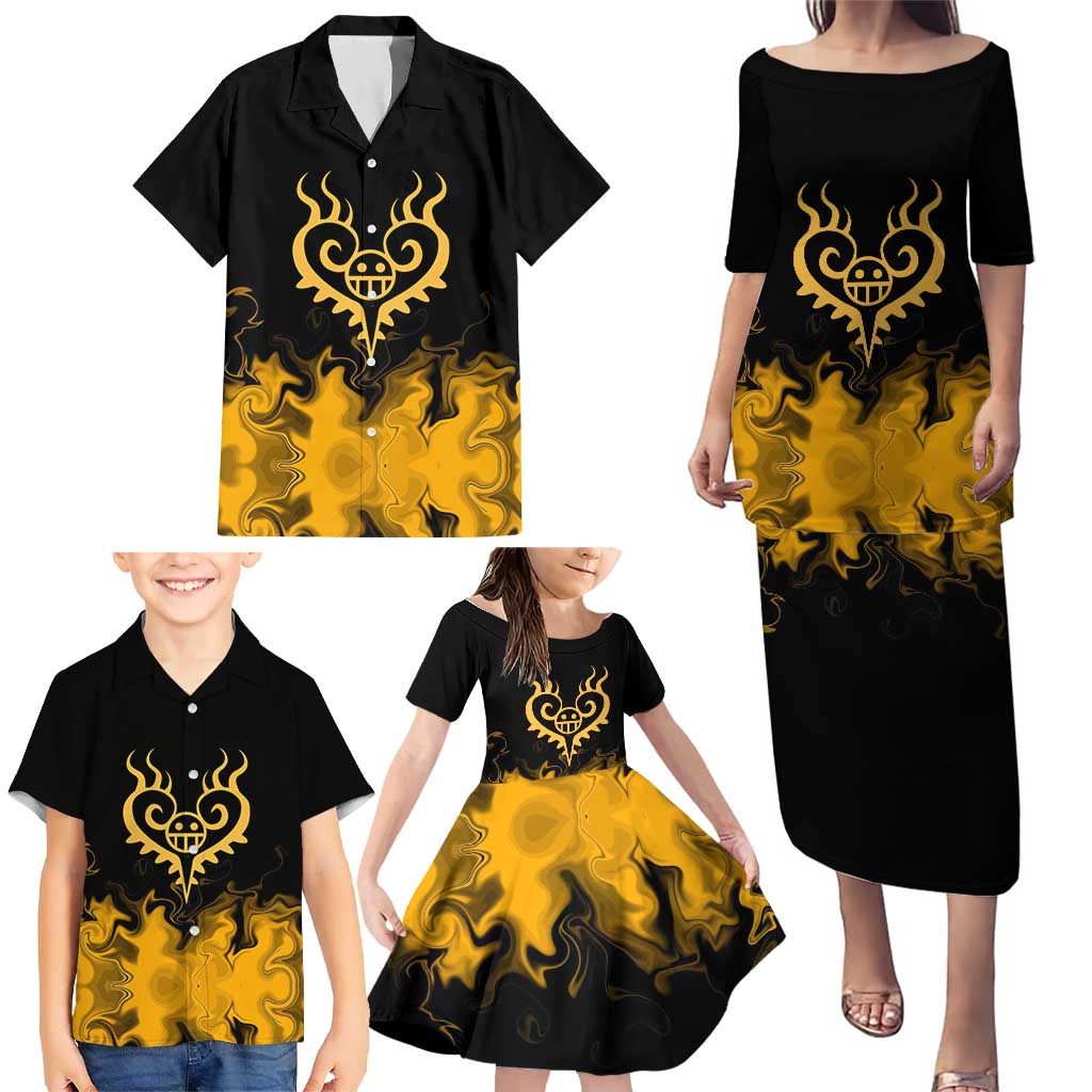 Trafalgar D. Law One Piece Black and Yellow Theme Family Matching Puletasi and Hawaiian Shirt with Heart Pirates Symbol and Flame Pattern Design