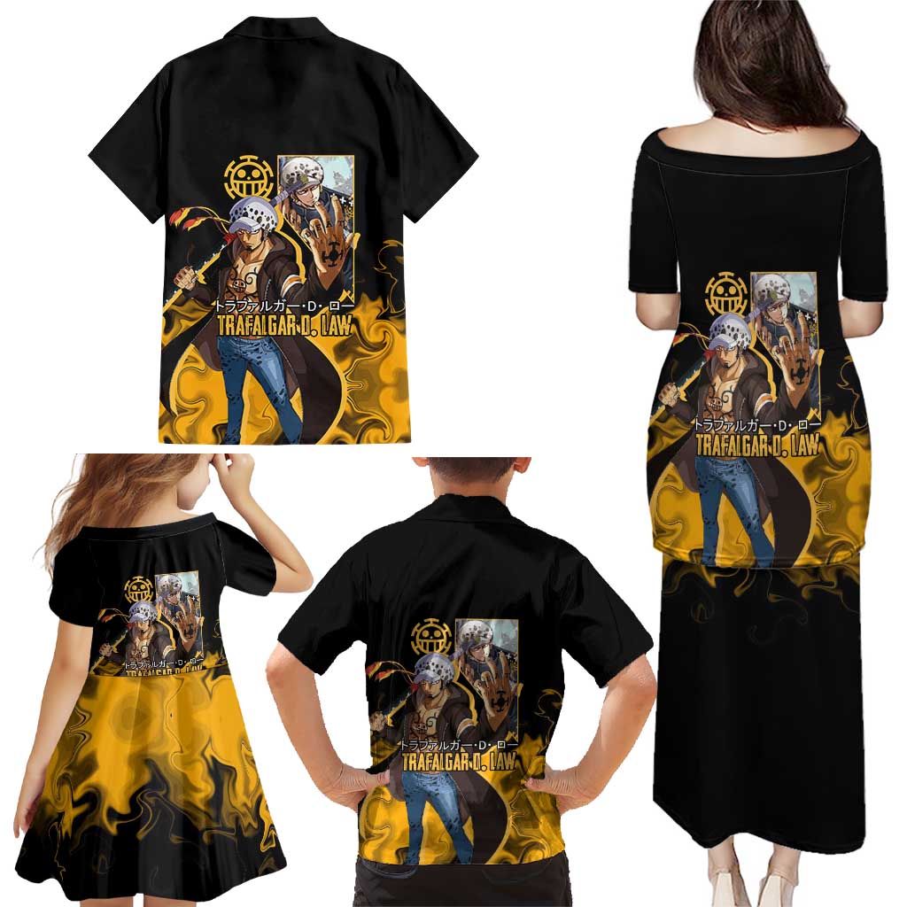 Trafalgar D. Law One Piece Black and Yellow Theme Family Matching Puletasi and Hawaiian Shirt with Heart Pirates Symbol and Flame Pattern Design