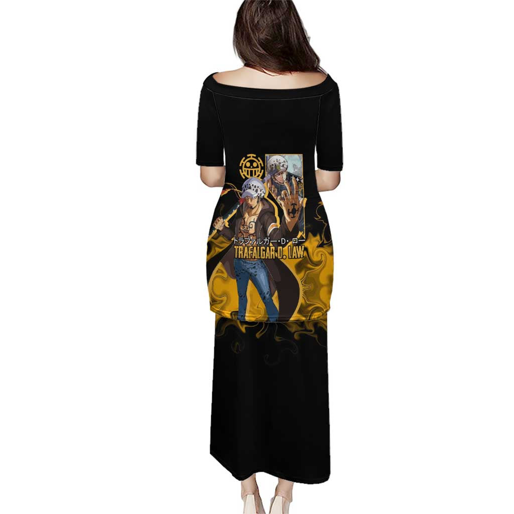 Trafalgar D. Law One Piece Black and Yellow Theme Family Matching Puletasi and Hawaiian Shirt with Heart Pirates Symbol and Flame Pattern Design