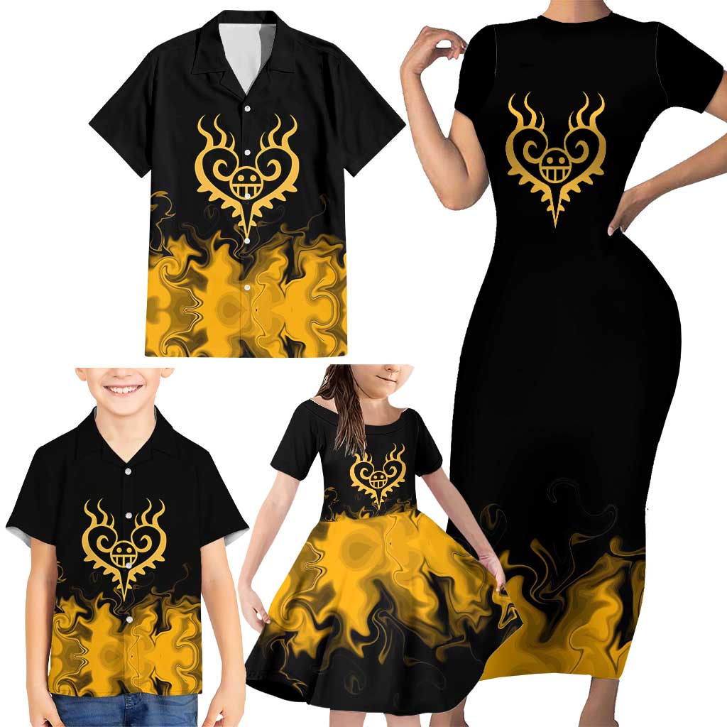 Trafalgar D. Law One Piece Black and Yellow Theme Family Matching Short Sleeve Bodycon Dress and Hawaiian Shirt with Heart Pirates Symbol and Flame Pattern Design