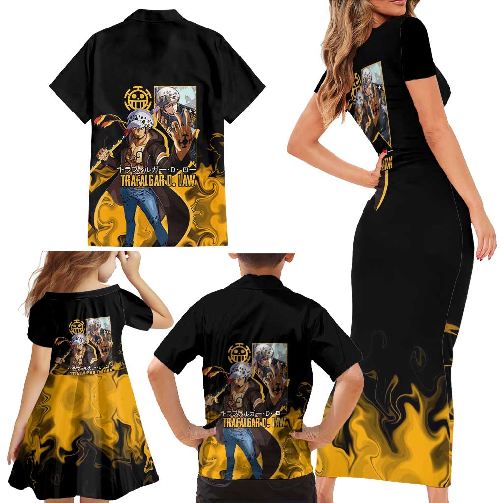 Trafalgar D. Law One Piece Black and Yellow Theme Family Matching Short Sleeve Bodycon Dress and Hawaiian Shirt with Heart Pirates Symbol and Flame Pattern Design