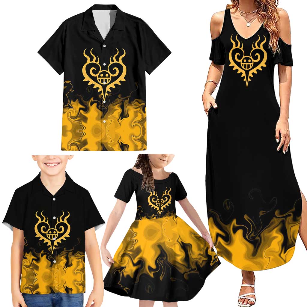 Trafalgar D. Law One Piece Black and Yellow Theme Family Matching Summer Maxi Dress and Hawaiian Shirt with Heart Pirates Symbol and Flame Pattern Design