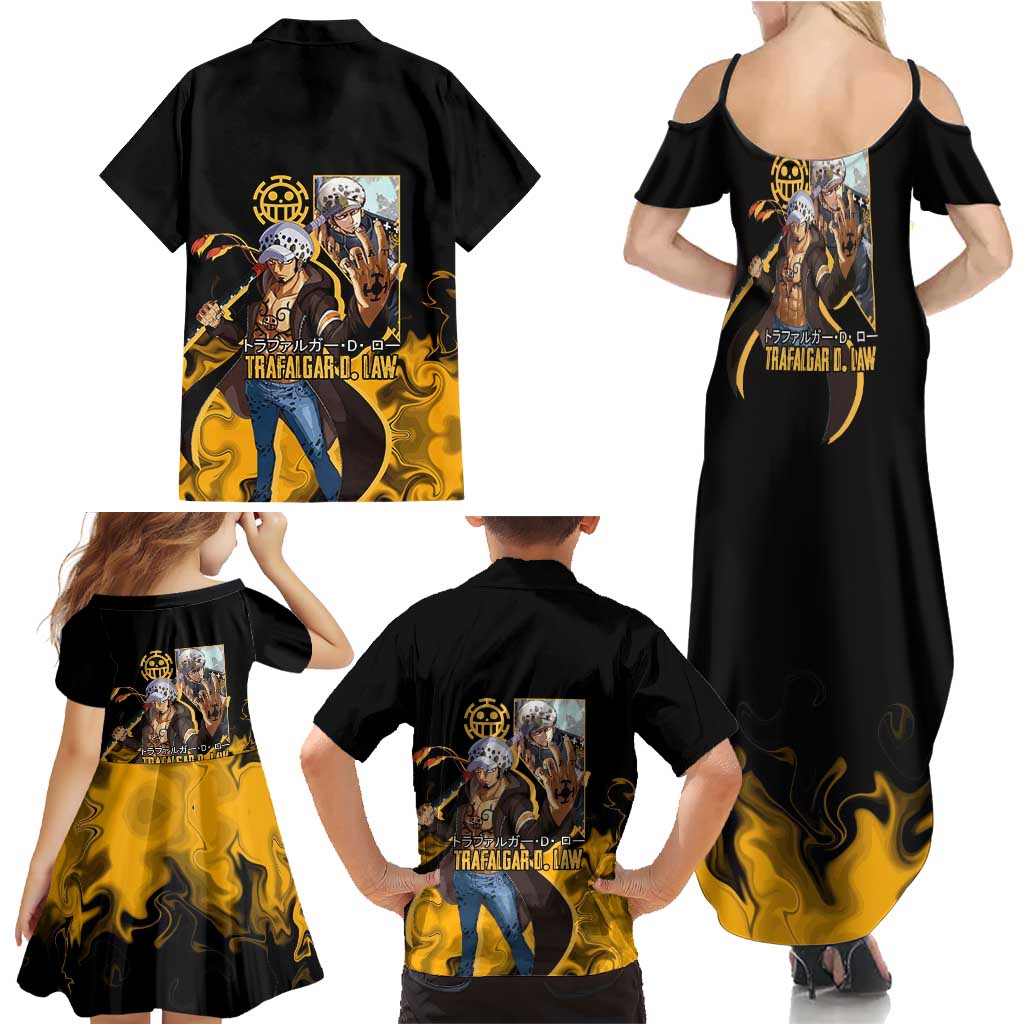 Trafalgar D. Law One Piece Black and Yellow Theme Family Matching Summer Maxi Dress and Hawaiian Shirt with Heart Pirates Symbol and Flame Pattern Design