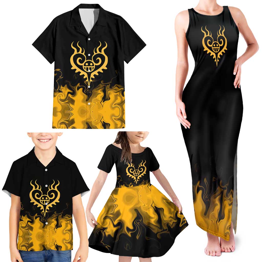 Trafalgar D. Law One Piece Black and Yellow Theme Family Matching Tank Maxi Dress and Hawaiian Shirt with Heart Pirates Symbol and Flame Pattern Design