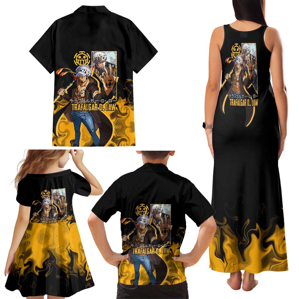 Trafalgar D. Law One Piece Black and Yellow Theme Family Matching Tank Maxi Dress and Hawaiian Shirt with Heart Pirates Symbol and Flame Pattern Design
