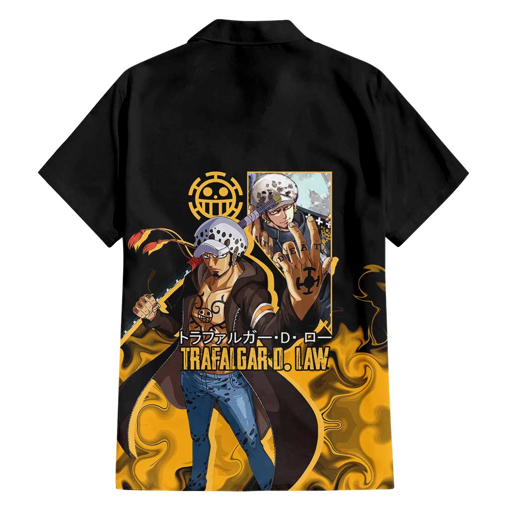 Trafalgar D. Law One Piece Black and Yellow Theme Family Matching Tank Maxi Dress and Hawaiian Shirt with Heart Pirates Symbol and Flame Pattern Design