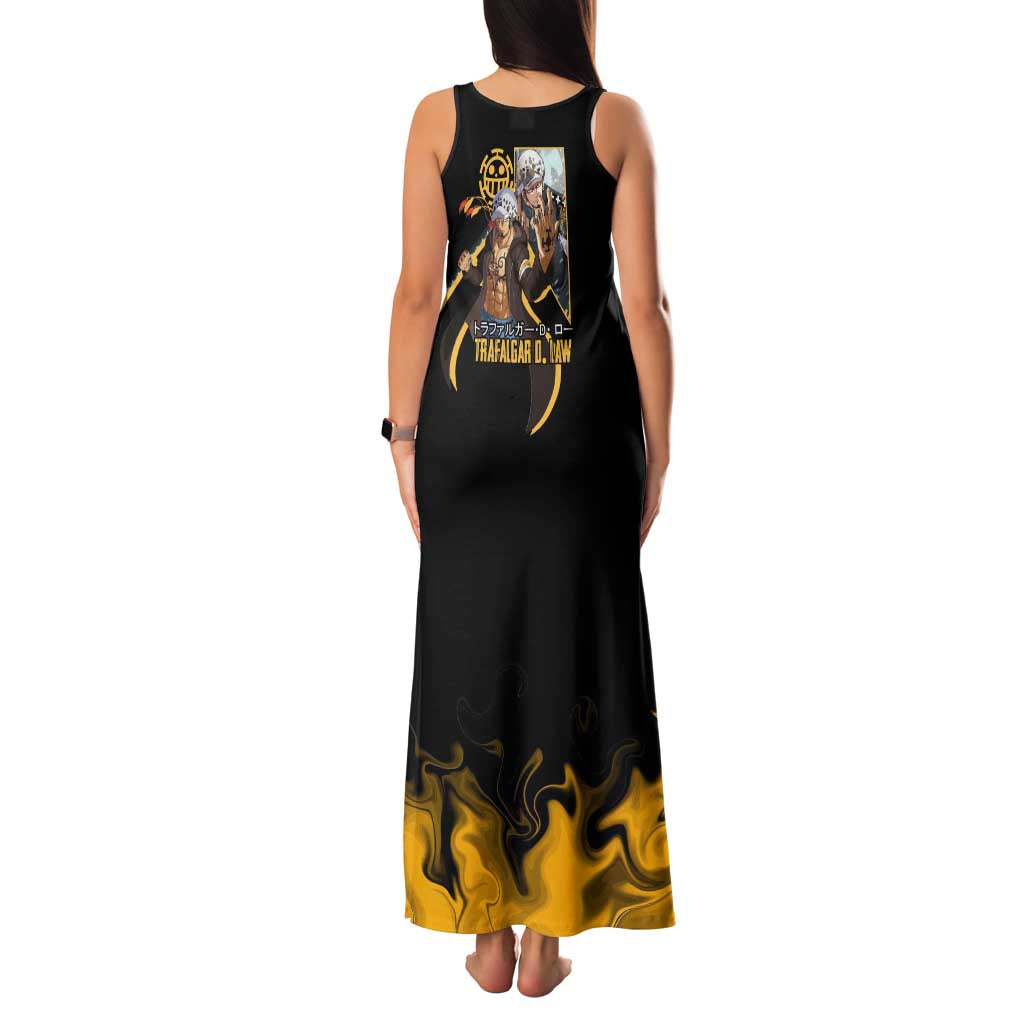 Trafalgar D. Law One Piece Black and Yellow Theme Family Matching Tank Maxi Dress and Hawaiian Shirt with Heart Pirates Symbol and Flame Pattern Design