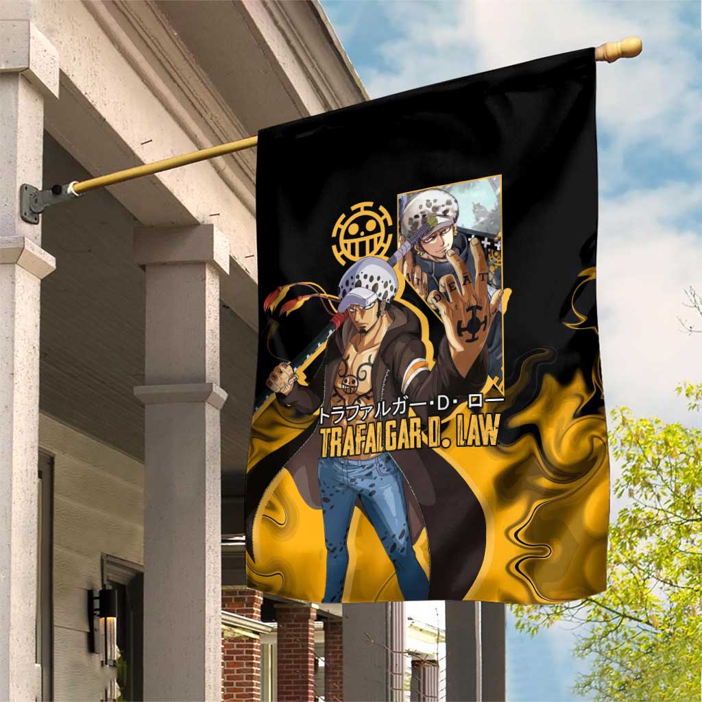 Trafalgar D. Law One Piece Black and Yellow Theme Garden Flag with Heart Pirates Symbol and Flame Pattern Design - The Mazicc