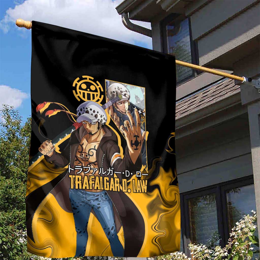 Trafalgar D. Law One Piece Black and Yellow Theme Garden Flag with Heart Pirates Symbol and Flame Pattern Design - The Mazicc