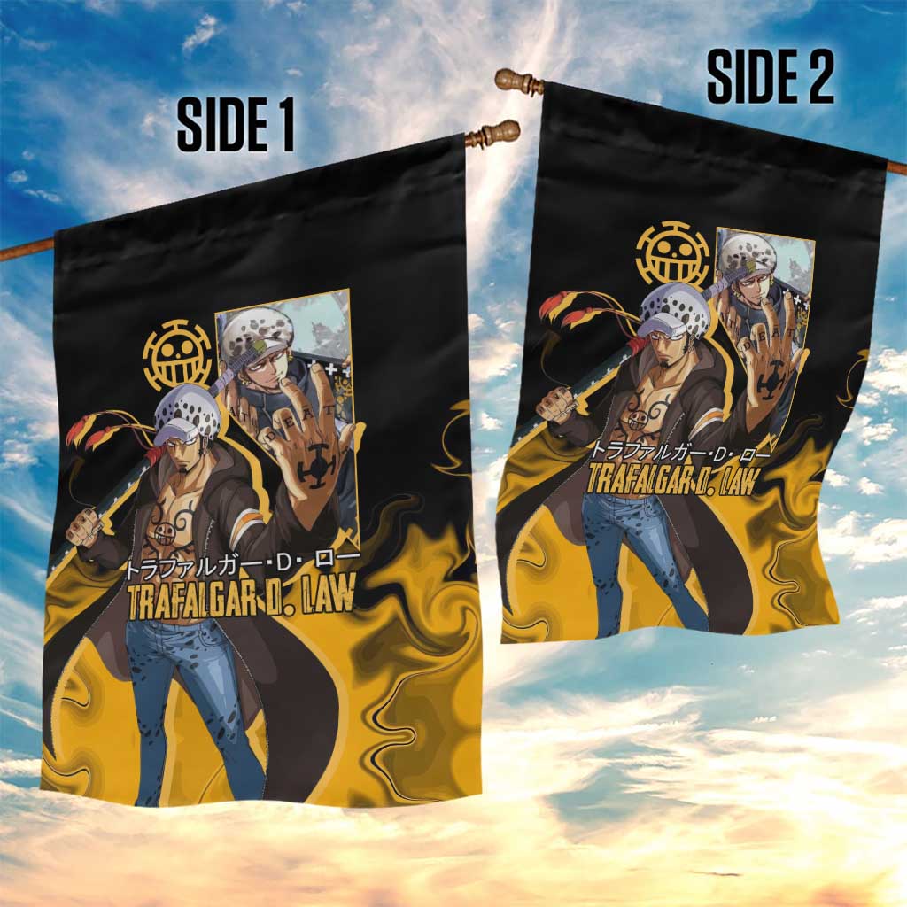 Trafalgar D. Law One Piece Black and Yellow Theme Garden Flag with Heart Pirates Symbol and Flame Pattern Design - The Mazicc