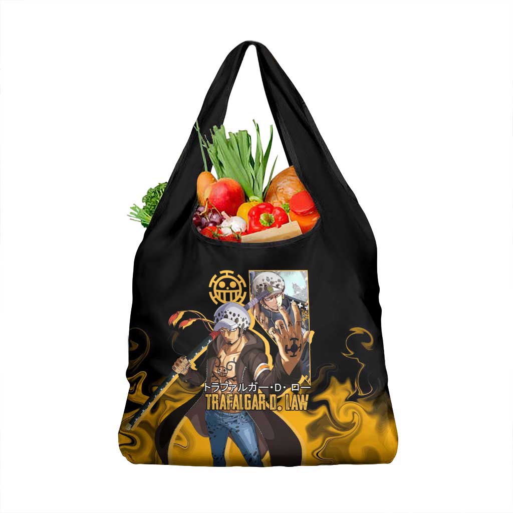 Trafalgar D. Law One Piece Black and Yellow Theme Grocery Bag with Heart Pirates Symbol and Flame Pattern Design - The Mazicc