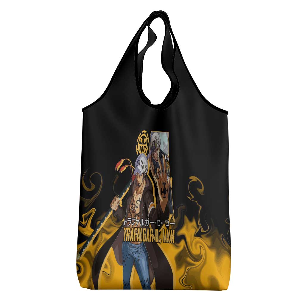 Trafalgar D. Law One Piece Black and Yellow Theme Grocery Bag with Heart Pirates Symbol and Flame Pattern Design - The Mazicc
