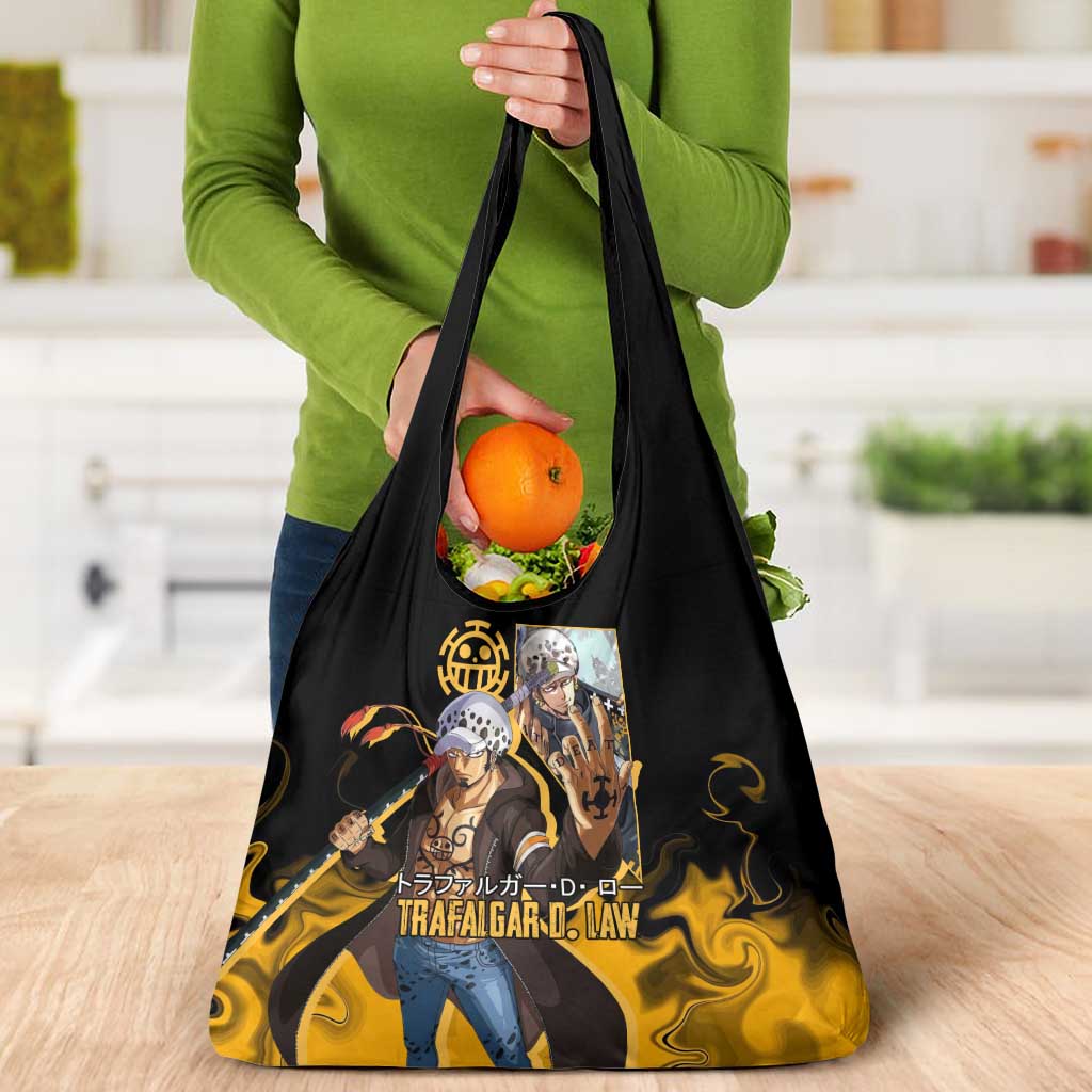 Trafalgar D. Law One Piece Black and Yellow Theme Grocery Bag with Heart Pirates Symbol and Flame Pattern Design - The Mazicc