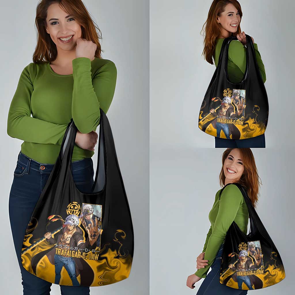 Trafalgar D. Law One Piece Black and Yellow Theme Grocery Bag with Heart Pirates Symbol and Flame Pattern Design - The Mazicc