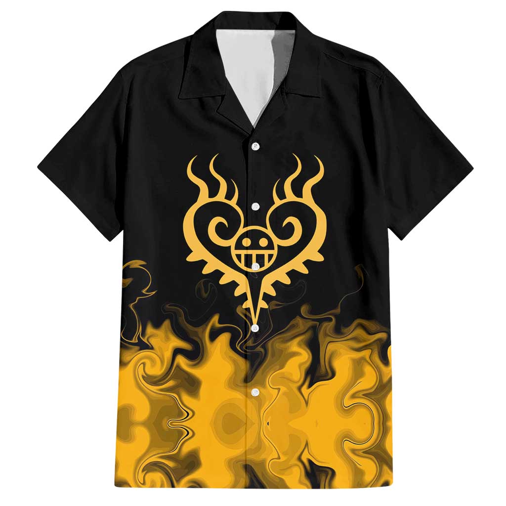 Trafalgar D. Law One Piece Black and Yellow Theme Hawaiian Shirt with Heart Pirates Symbol and Flame Pattern Design - The Mazicc