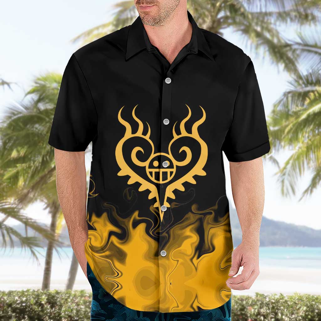 Trafalgar D. Law One Piece Black and Yellow Theme Hawaiian Shirt with Heart Pirates Symbol and Flame Pattern Design - The Mazicc