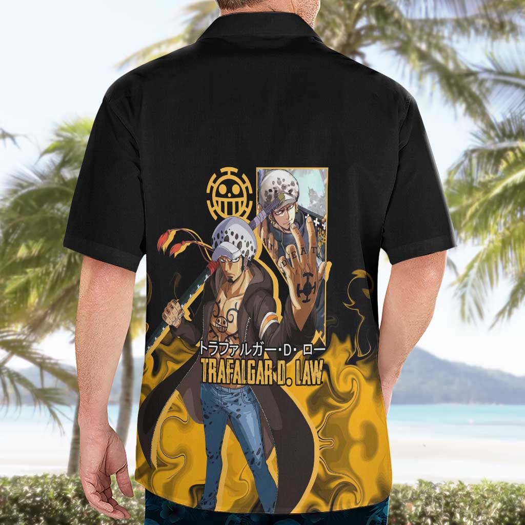 Trafalgar D. Law One Piece Black and Yellow Theme Hawaiian Shirt with Heart Pirates Symbol and Flame Pattern Design - The Mazicc