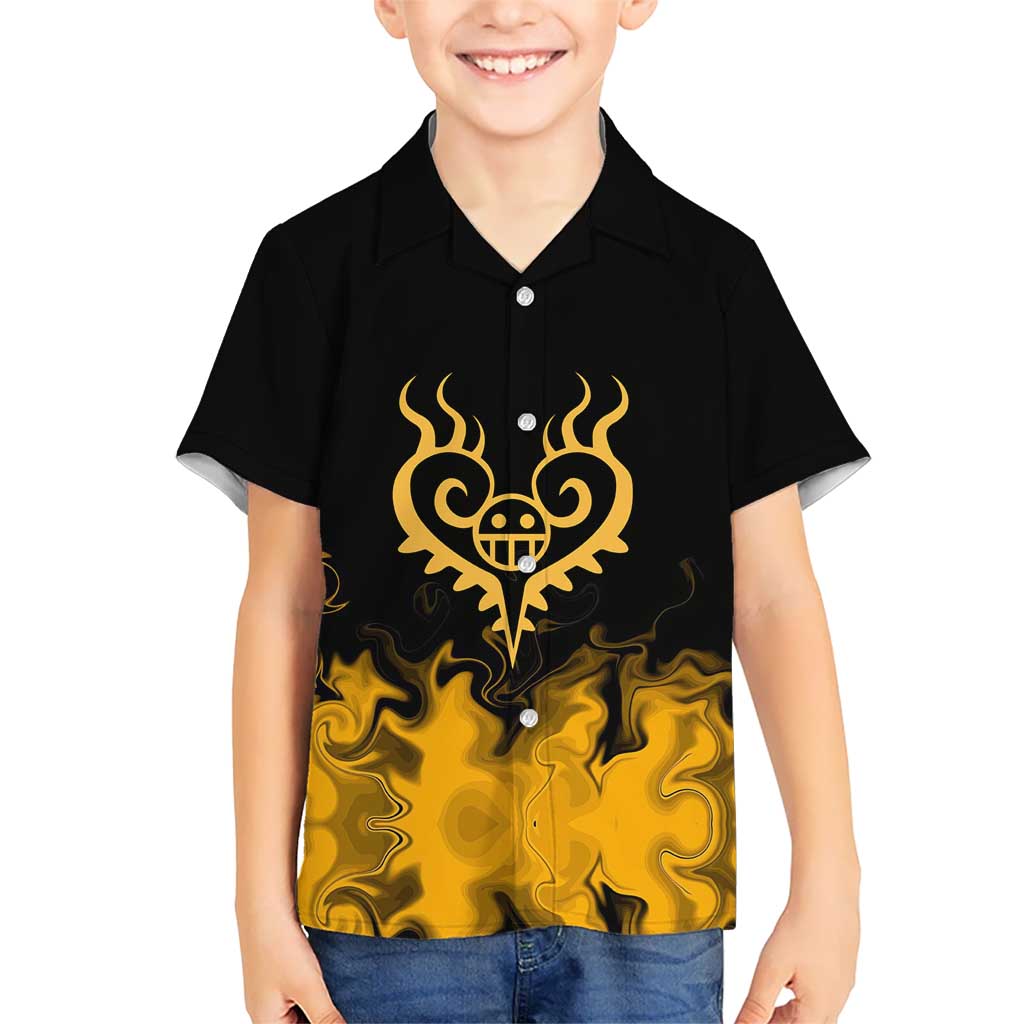 Trafalgar D. Law One Piece Black and Yellow Theme Hawaiian Shirt with Heart Pirates Symbol and Flame Pattern Design - The Mazicc