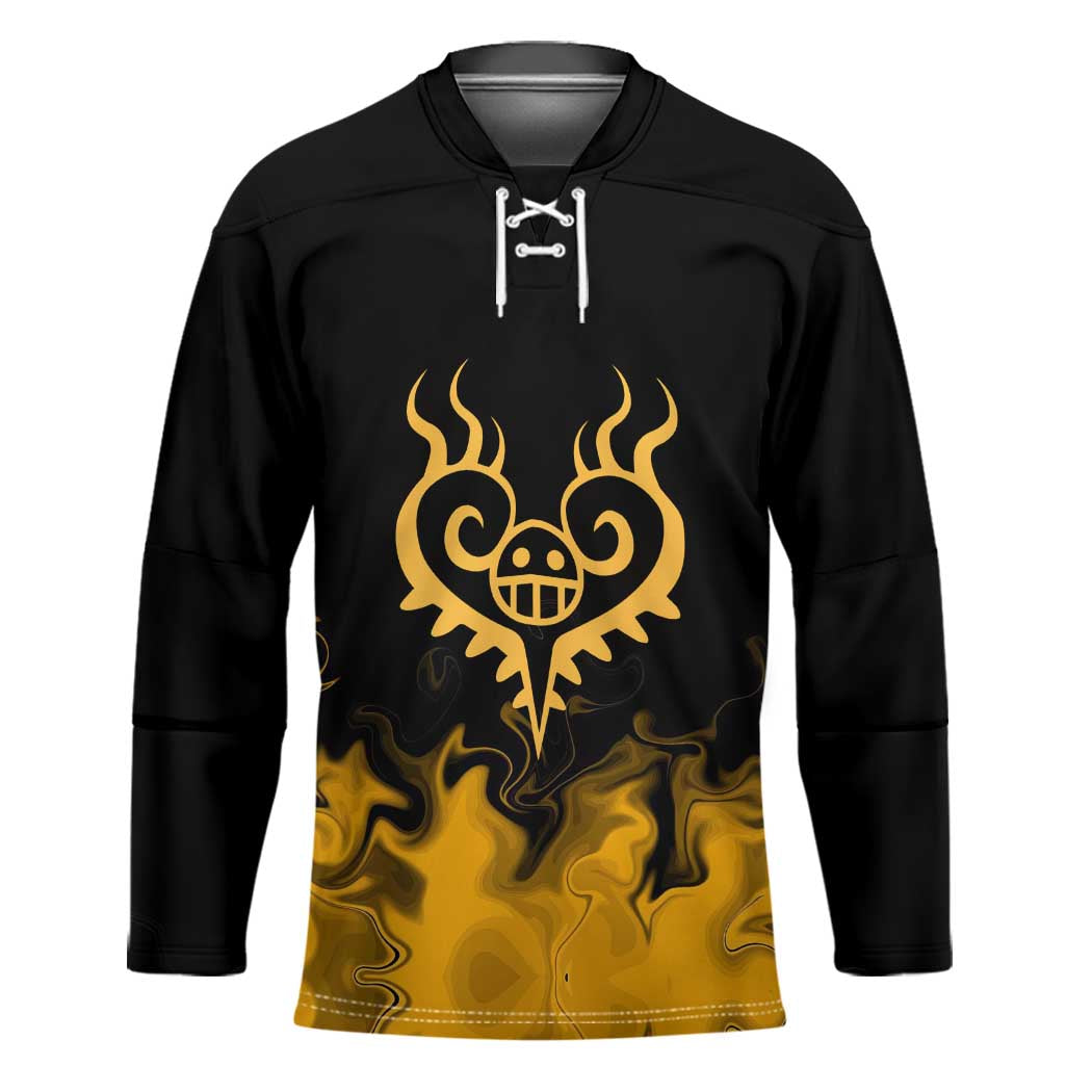 Trafalgar D. Law One Piece Black and Yellow Theme Hockey Jersey with Heart Pirates Symbol and Flame Pattern Design - The Mazicc