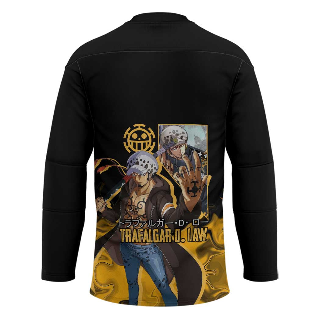 Trafalgar D. Law One Piece Black and Yellow Theme Hockey Jersey with Heart Pirates Symbol and Flame Pattern Design - The Mazicc