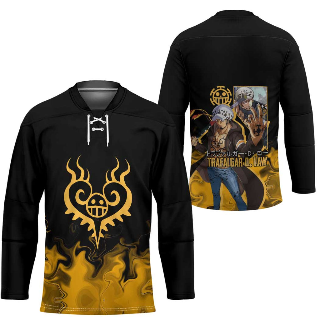 Trafalgar D. Law One Piece Black and Yellow Theme Hockey Jersey with Heart Pirates Symbol and Flame Pattern Design - The Mazicc