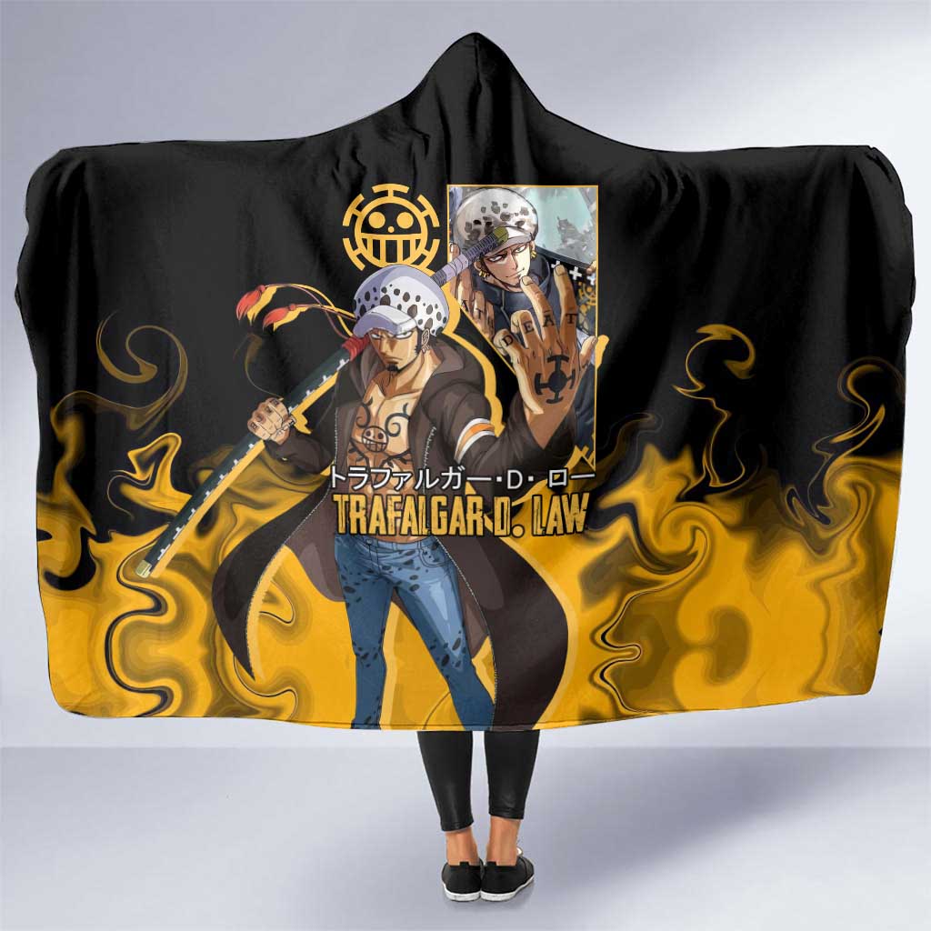 Trafalgar D. Law One Piece Black and Yellow Theme Hooded Blanket with Heart Pirates Symbol and Flame Pattern Design - The Mazicc