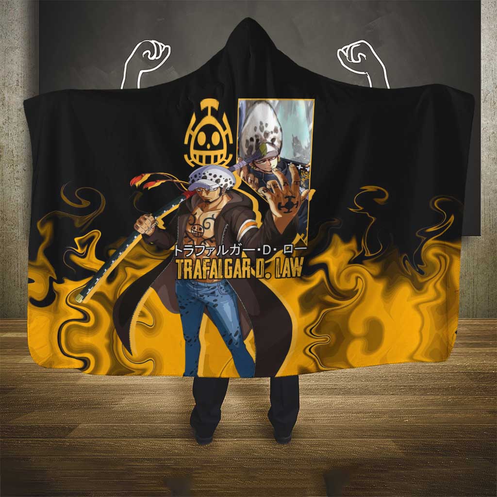 Trafalgar D. Law One Piece Black and Yellow Theme Hooded Blanket with Heart Pirates Symbol and Flame Pattern Design - The Mazicc