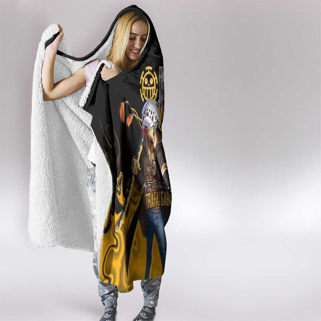 Trafalgar D. Law One Piece Black and Yellow Theme Hooded Blanket with Heart Pirates Symbol and Flame Pattern Design - The Mazicc