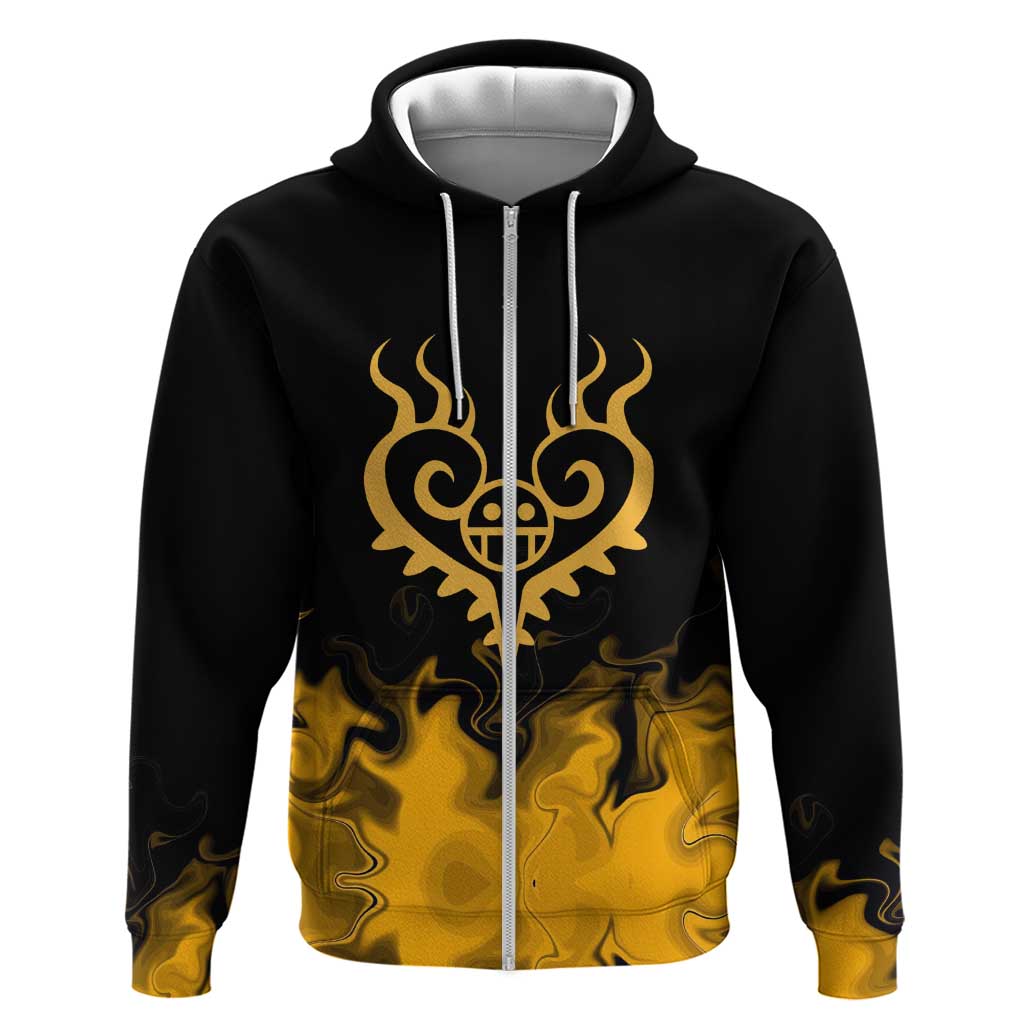 Trafalgar D. Law One Piece Black and Yellow Theme Hoodie with Heart Pirates Symbol and Flame Pattern Design - The Mazicc