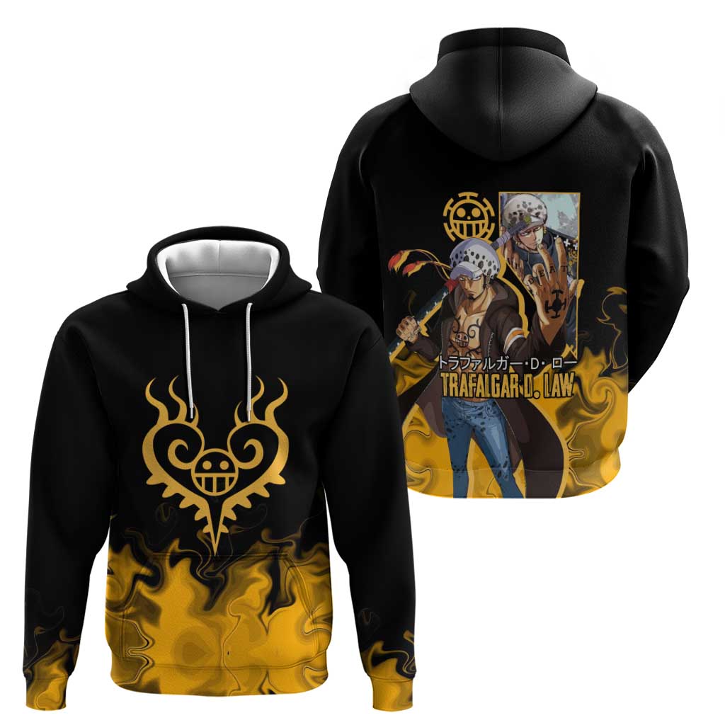 Trafalgar D. Law One Piece Black and Yellow Theme Hoodie with Heart Pirates Symbol and Flame Pattern Design - The Mazicc