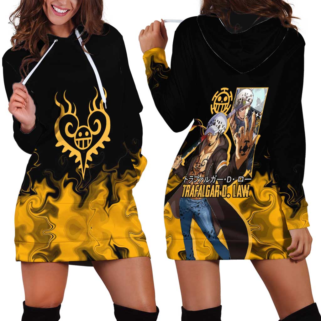 Trafalgar D. Law One Piece Black and Yellow Theme Hoodie Dress with Heart Pirates Symbol and Flame Pattern Design - The Mazicc
