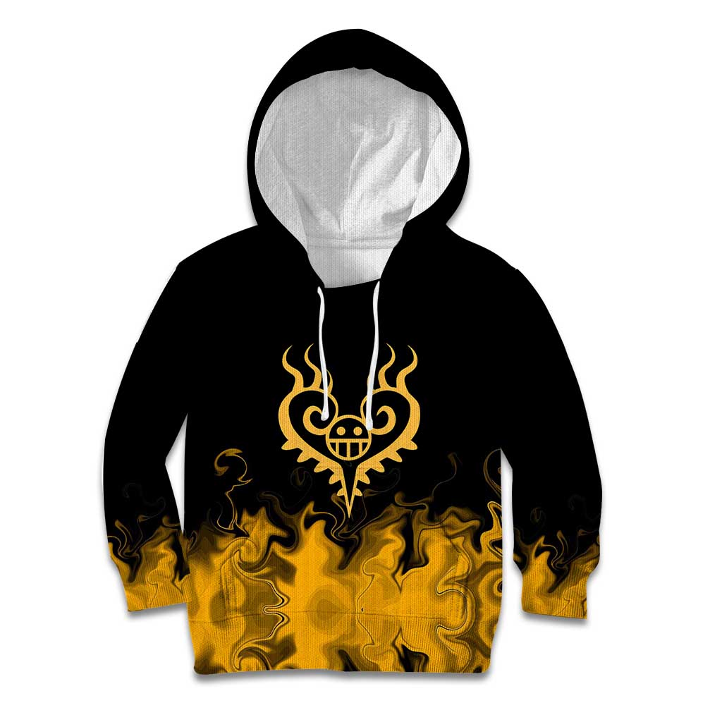 Trafalgar D. Law One Piece Black and Yellow Theme Kid Hoodie with Heart Pirates Symbol and Flame Pattern Design - The Mazicc